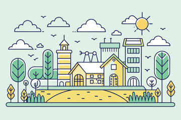 Naklejka premium A vibrant minimalist illustration depicting a cityscape with colorful buildings, trees, and a bright sun, conveying urban life and natural harmony.