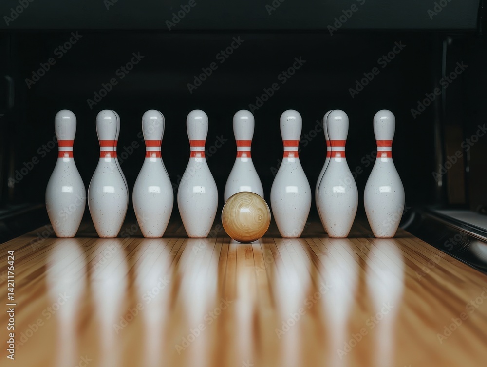 Poster bowling pins in a row with a ball rolling towards them