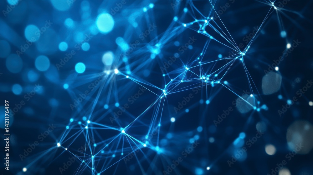 Poster abstract blue glowing network connection nodes and lines.