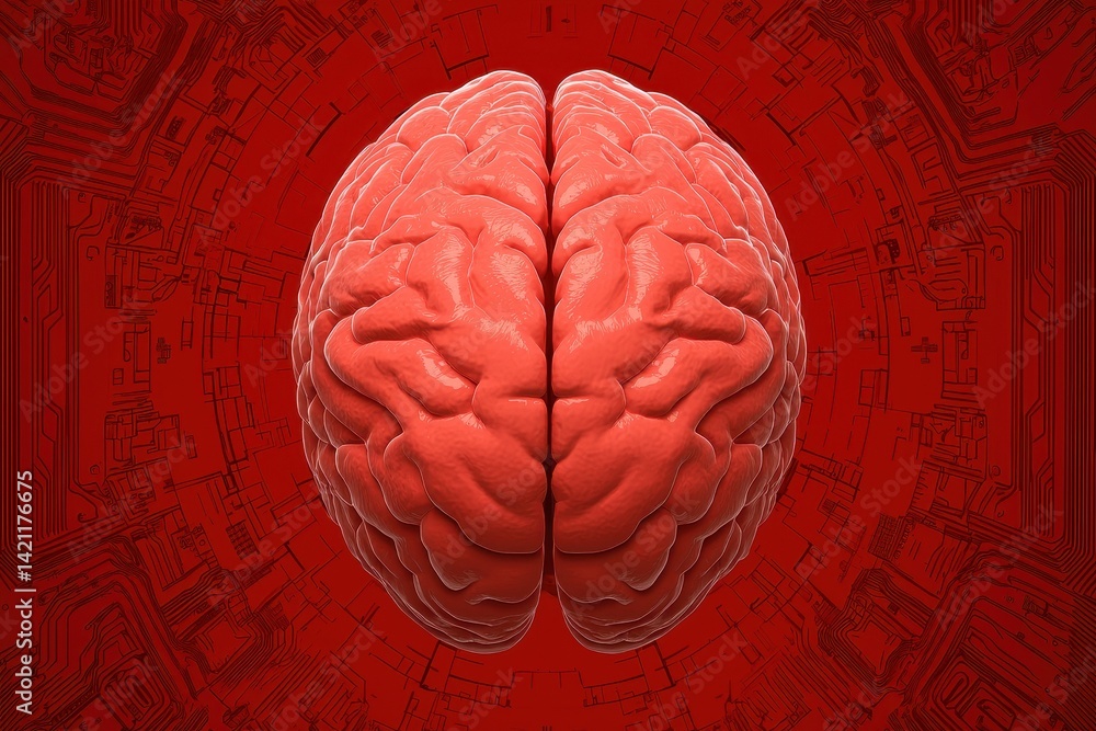Poster red brain with digital circuit design background for technology concept