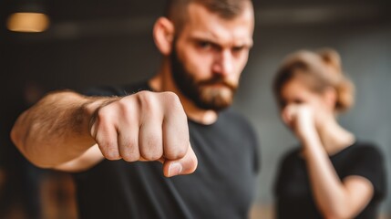 Male aggression. Domestic violence. A wife suffering from her husband's behavior. Threat, a woman in dangerous situation. Partner is aggressor
