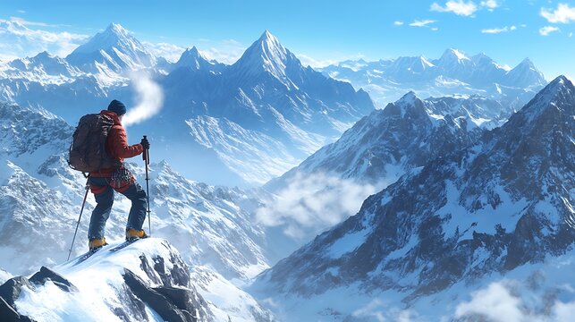 A mountaineer carefully traversing a snowy ridge, their breath visible in the air as they take in the stunning, vast view of the snow-covered peaks around them - Powered by Adobe
