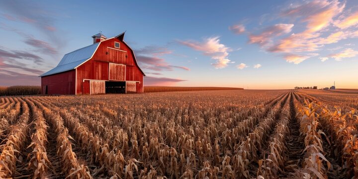 Rustic red barn in golden cornfield at sunset with cloudy sky
