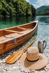 Obraz premium Serene lakeside canoe with straw hat, paddle, and thermos on rocky shore