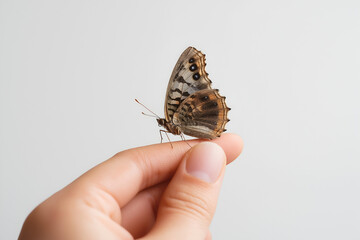 A delicate butterfly resting on the finger isolated on white background