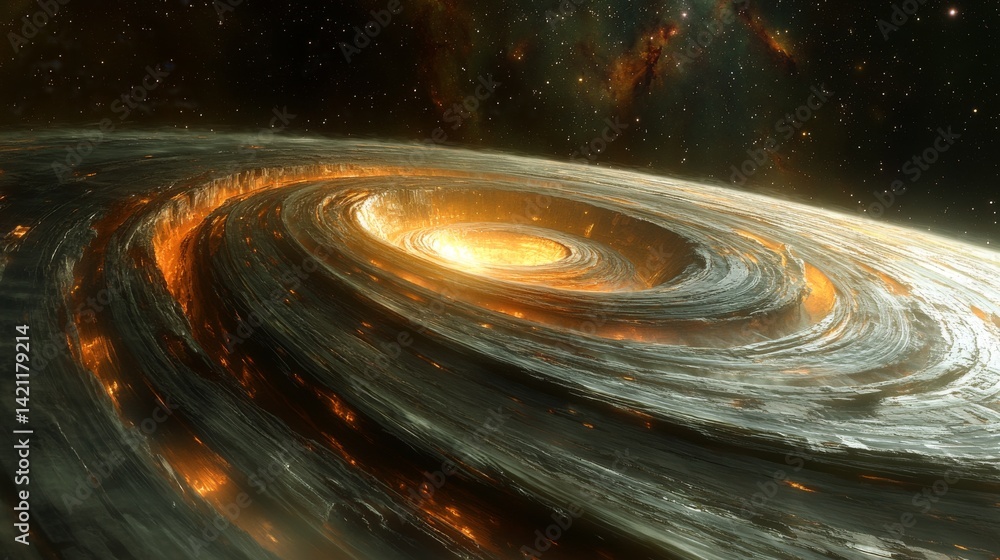 Poster abstract cosmic vortex illustration in deep space, showing glowing energetic cores and intricate tex