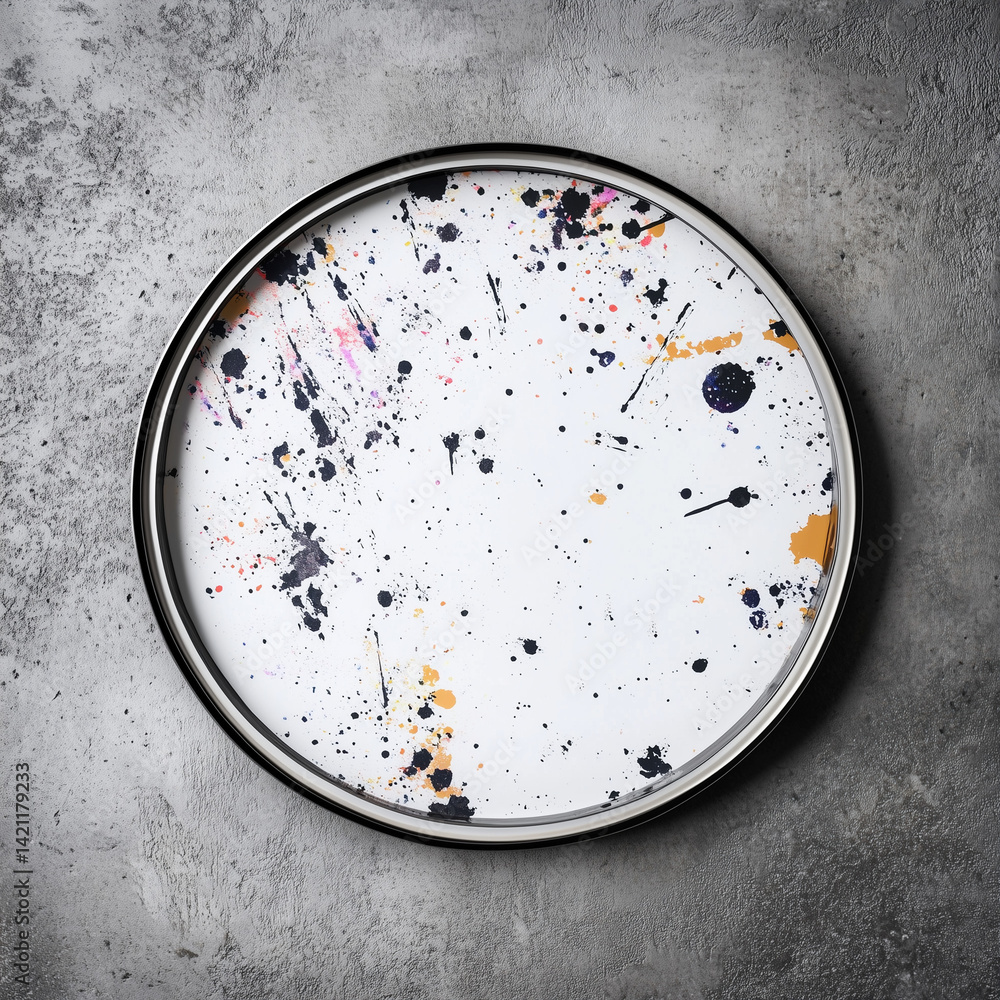 Poster round frame mockup with splatter paint design on textured background