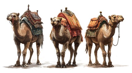 Three Camels with Desert, Saddles, and Artwork. (1)