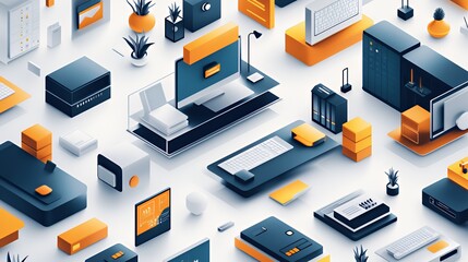 Obraz premium Stylish workspace illustration with modern gadgets and accessories in black and orange.