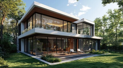 Fototapeta premium 3D rendering of a modern two-story house with a rooftop terrace, glass walls, and clean architectural lines