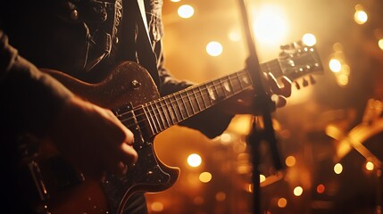 Obraz premium Close-up of a male guitarist performing on stage with dramatic lighting.