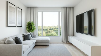 Modern Living Room with Scenic View and Cozy Furniture Arrangement