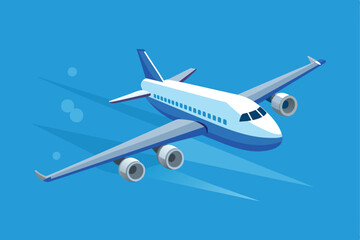 Isometric illustration of a blue and white airplane flying in clear skies. Perfect for travel, aviation themes, and educational materials