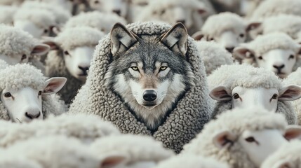 Wolf disguised as sheep among flock, surreal concept of deception and disguise
