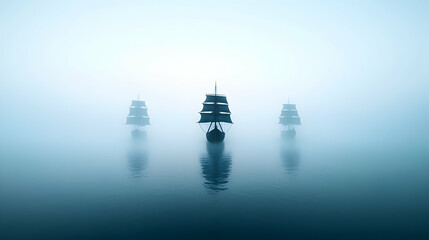 Obraz premium Three Sailing Ships in Dense Fog on Calm Sea