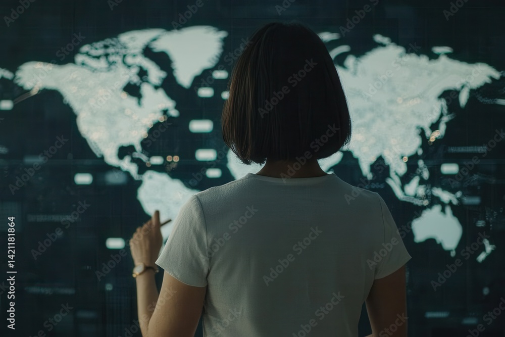 Poster woman analyzing global data on a digital world map display