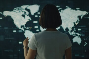 Woman Analyzing Global Data on a Digital World Map Display