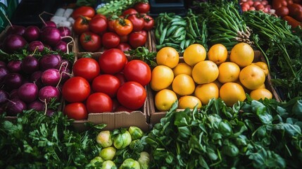 Fresh produce at a vibrant market stall. Colorful display of various fruits and vegetables