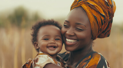 Portrait of happy african mom and baby bonding and smiling together. Beautiful photo, poster for mother’s day. Happy family. Young woman with child, wearing colorful clothing.