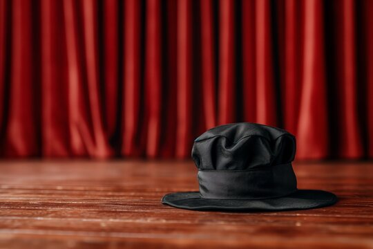 Black chef hat on wooden stage floor against red curtain background