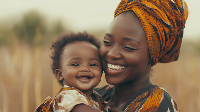Portrait of happy african mom and baby bonding and smiling together. Beautiful photo, poster for mother’s day. Happy family. Young woman with child, wearing colorful clothing.