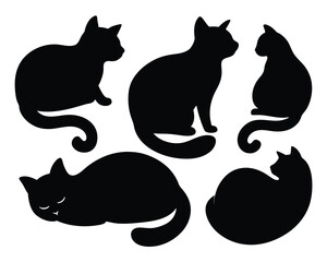 Cat Bundle Silhouette Vector Minimalist Relaxed Cat Silhouettes 6 Calm Feline Poses Featuring Sleeping, Sitting, and Lounging Cats