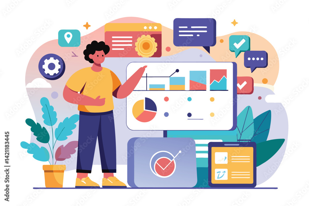 Poster illustration of a professional presenting data analytics with charts and graphs. concepts of busines