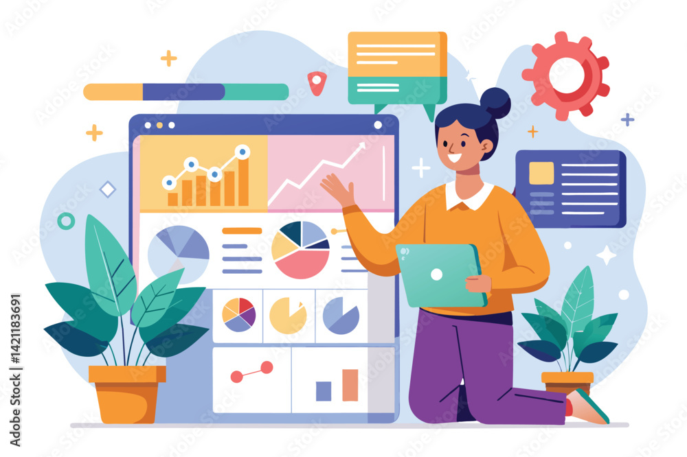 Poster illustration of a woman using a laptop to analyze business data with charts and graphs on a digital 