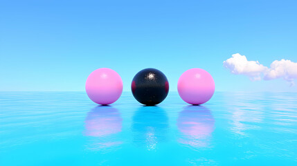 Three Spheres Floating on Calm Ocean Water Under Blue Sky