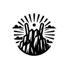 Mountain Logo - Black and White Illustration, Sunrise/Sunset, Round Shape