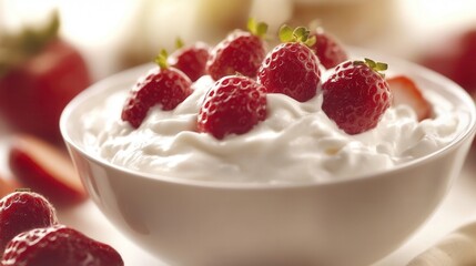 Fresh strawberries on creamy yogurt