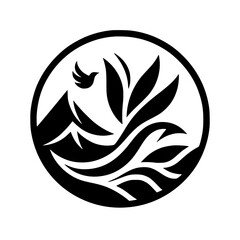 Circle Logo: Bird, Mountains & Leaves, Black & White, Minimalist