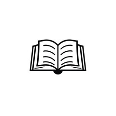 A balanced, symmetrical logo an open book, rendered as a solid black silhouette vector icon, centered on a white background. Geometric shapes and clean lines convey a minimalist, clean education theme