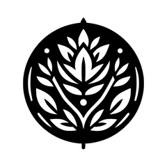 Black and White Floral Emblem on White Background, Geometric Design