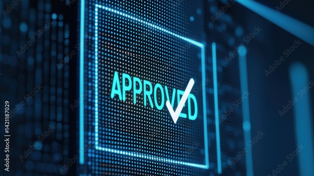 Aufkleber digital approval interface with bright checkmark and futuristic design