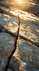 A close-up of cracked rock surface illuminated by sunlight.