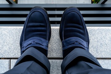 Top view of men's black formal shoes and grey trousers on marble steps