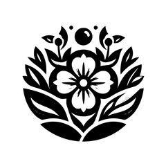 Stylized Black & White Floral Ornament with Leaf Details