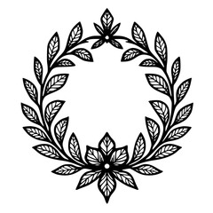 Elegant Leaf Wreath: Floral Black and White Illustration