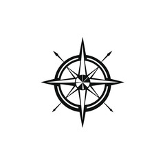 A black silhouette compass logo icon on a white background geometric shapes sharp arrows clean lines symmetrical design emphasizing visual clarity
