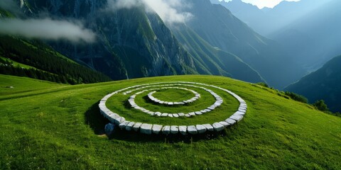 Circular stone pathway on lush green mountain landscape with misty peaks