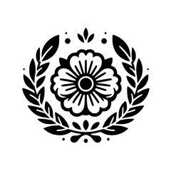 Floral Crest in Black and White: Elegant Vector Illustration