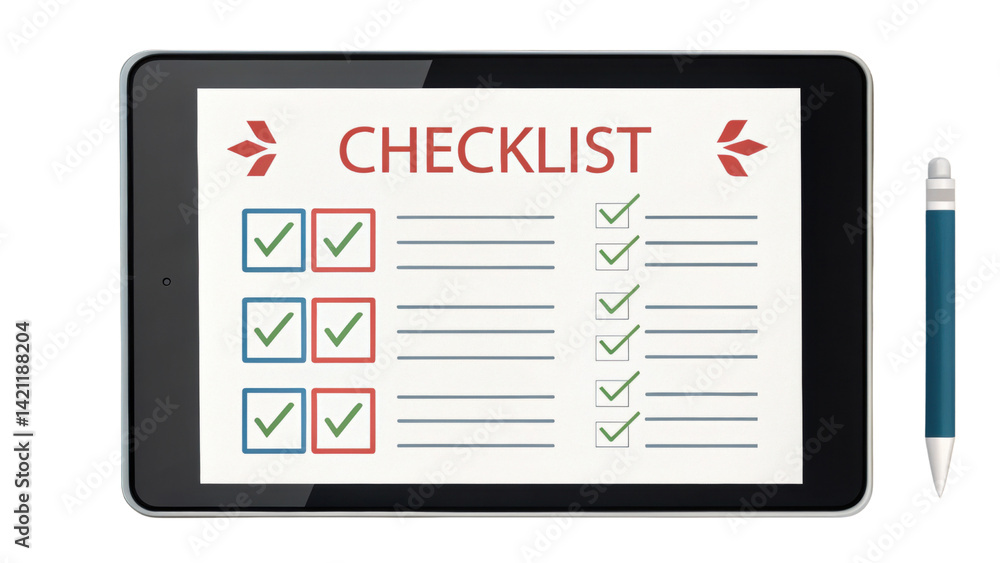 Poster checklist on tablet screen with checkmarks and empty boxes, symbolizing organization and task manage