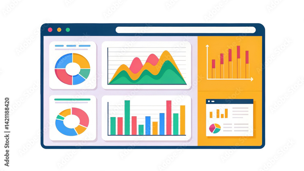 Poster data visualization tools display various charts and graphs, including pie charts, line graphs, and b