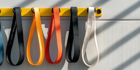 Colorful workout resistance bands hanging on yellow wall mount in gym
