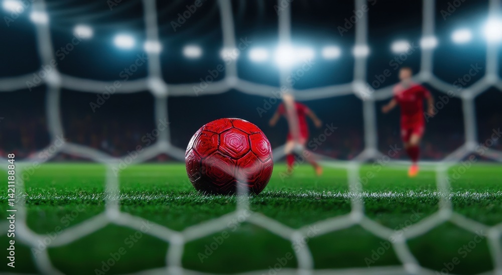 Poster close-up view of red soccer ball positioned in goal netting