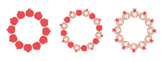 Fruit frame set. Pomegranate design template, copy space. Cute hand drawn fruits round frame in doodle style. Circular template. Hand drawn fruits circle border.
