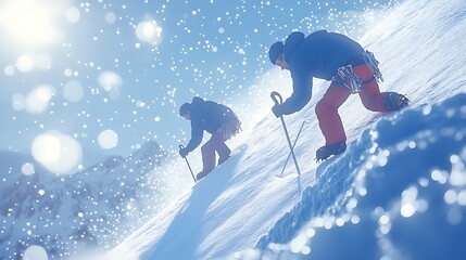 A pair of climbers using ice picks to scale a challenging snow-covered slope, their bodies bent in concentration, with snowflakes drifting gently around them