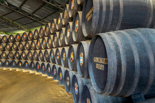 Sherry barrels stacked with country emblems at the Gonz&aacute;lez Byass winery.