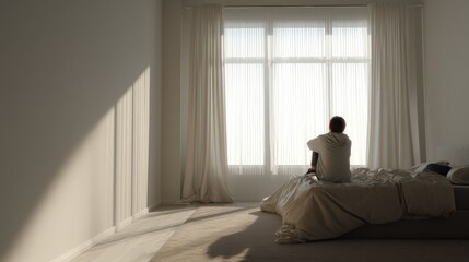 Man sitting on bed in quiet room with sheer curtains, depression and solitude concept